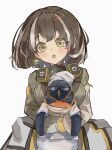  1girl :d absurdres animal arknights asymmetrical_sleeves bird black_hair blush_stickers brown_sweater chain commentary earrings emperor_(arknights) glint gloves gold gold_chain grey_gloves highres holding holding_animal jewelry long_sleeves looking_at_viewer magallan_(arknights) mismatched_sleeves mufetojiiba_(magallan) multicolored_hair open_mouth penguin ribbed_sweater short_hair simple_background smile streaked_hair sunglasses sweater white_background white_hair yellow_eyes 