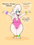  absurd_res anthro breasts brown_eyes canid canine canis clothing dialogue domestic_dog exercise_clothing female floppy_ears front_view fur greeting_viewer hi_res introducing_self kaboozey leotard mammal navel open_mouth open_smile pink_clothing pink_leotard poodle poofy_hair pooh_(kaboozey) simple_background smile solo speech_bubble star teeth text translucent translucent_clothing white_body white_fur 