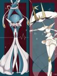  alternate_color blue_hair blue_skin blush bob_cut bound bound_wrists colored_skin dress gardevoir hand_on_own_hip heart highres inb795 multicolored_skin pheromosa pokemon pokemon_(creature) purple_eyes red_eyes shiny_pokemon two-tone_skin white_dress white_skin 