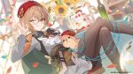  1girl animal book brown_hair brown_pantyhose cake clio_aite closed_mouth commentary_request crossed_legs flower food glasses happy_birthday hat long_sleeves looking_at_viewer one_eye_closed pantyhose phase_connect red_eyes red_hat round_eyewear shirt short_hair sitting smile solo sunflower teffish virtual_youtuber white_shirt 