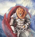 anthro armor black_nose clothed clothing day felid front_view fur hi_res lion male male_anthro mammal mane melee_weapon mouth_closed orange_body orange_eyes orange_fur orange_mane outside pantherine portrait satanic_monkey snow snowing solo standing sword three-quarter_portrait weapon whiskers