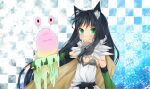  1girl alchemist_(ragnarok_online) animal_ear_fluff animal_ears black_bow black_hair blue_background blush bow brown_cape cape cat_ears cat_girl checkered_background closed_mouth commentary_request detached_sleeves dress flat_chest fur_collar green_eyes green_sleeves long_hair looking_at_viewer meiko_(nattu303) ragnarok_online slime_(creature) smile solo strapless strapless_dress upper_body vanilmirth_(ragnarok_online) white_dress 