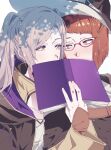  2girls blush book book_to_mouth braid brown_eyes covering_face diagonal_bangs eyelashes female_robin_(fire_emblem) fire_emblem fire_emblem_awakening glasses hair_tubes hat highres holding holding_book hooded_robe looking_at_another miriel_(fire_emblem) multiple_girls red-framed_eyewear red_hair robe shadow tsujii_luki twintails white_hair witch_hat wizard_hat yellow_eyes 