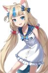  1girl absurdres animal_ears arms_behind_back blonde_hair blue_bow blue_eyes blue_streaks bow cat_ears dress fins fish_tail hair_bow highres indie_virtual_youtuber lifebuoy_hair_ornament long_hair looking_at_viewer one_side_up open_mouth sailor_dress sameko_saba simple_background solo tail vakuuberi very_long_hair virtual_youtuber white_background white_dress 