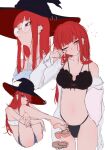  1girl black_bra black_hat blunt_bangs borrowed_character bra breasts commentary cutoffs ear_piercing earrings english_commentary eranahh glasses hat hugging_own_legs jewelry long_hair looking_at_viewer multiple_views navel off-shoulder_shirt off_shoulder one_eye_closed original piercing red_eyes red_hair rubbing_eyes shirt sitting squeans standing strapless tube_top underwear unfinished val_(yan_kodiac) white_tube_top witch_hat 