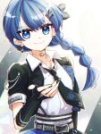  1girl belt black_gloves black_jacket black_necktie blue_hair braid choker closed_mouth collarbone collared_shirt commentary elbow_gloves fingerless_gloves gloves grey_background hair_ornament highres i_do_me!_(love_live!) jacket kanduki_kamibukuro light_particles link!_like!_love_live! long_hair love_live! mole mole_on_neck murano_sayaka necktie o-ring o-ring_choker official_alternate_costume open_clothes open_collar open_jacket outline shirt short-sleeved_jacket short_sleeves single_braid smile solo split_mouth studded_belt upper_body virtual_youtuber white_outline white_shirt x_hair_ornament 