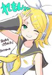  1girl bare_shoulders belt black_sailor_collar black_shorts black_sleeves blonde_hair blush commentary_request crop_top detached_sleeves green_eyes grin hair_ornament hairclip headphones headset highres kagamine_rin kiritoma long_sleeves looking_at_viewer midriff navel one_eye_closed ribbon sailor_collar shirt shorts simple_background sleeveless sleeveless_shirt sleeves_past_wrists smile solo swept_bangs translation_request vocaloid white_background white_ribbon white_shirt wide_sleeves yellow_belt 