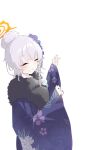  1girl :d ^_^ absurdres blue_archive blue_kimono bow braid cherry_blossom_print chinese_commentary closed_eyes commentary_request cowboy_shot facing_viewer floral_print floral_print_kimono flower fur-trimmed_kimono fur_trim grey_hair grin hair_bow hair_bun hair_flower hair_ornament halo hands_up happy haruna_(blue_archive) haruna_(new_year)_(blue_archive) highres japanese_clothes kanzashi kimono lcz long_sleeves medium_hair official_alternate_costume official_alternate_hairstyle orange_halo pink_flower print_kimono simple_background single_braid single_hair_bun smile solo white_background white_bow wide_sleeves 