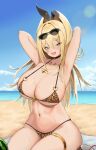  1girl absurdres animal_print arm_behind_head armpits bikini black_choker blonde_hair bluepaint blush breasts choker english_commentary eyewear_on_head goddess_of_victory:_nikke green_eyes highres jewelry large_breasts leopard_print_bikini long_hair looking_at_viewer micro_bikini navel necklace open_mouth outdoors ponytail presenting_armpit rupee_(nikke) sitting smile solo sweaty_armpits swimsuit thigh_strap wariza 