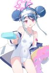  1girl :3 absurdres antenna_hair aqua_hair bare_shoulders blue_archive blue_hair blush breasts collarbone commentary covered_navel cowboy_shot donut_innertube double_bun dual_wielding eyelashes eyes_visible_through_hair food foreshortening fubuki_(blue_archive) fubuki_(swimsuit)_(blue_archive) furrowed_brow hair_between_eyes hair_bun halo hat_ornament heart heart_hat_ornament highres holding holding_food holding_popsicle holding_swim_ring incoming_food jacket jacket_partially_removed lcz looking_at_viewer medium_hair multicolored_hair official_alternate_costume official_alternate_hairstyle one-piece_swimsuit open_clothes open_jacket open_mouth pink_halo popsicle red_eyes sidelocks simple_background small_breasts smile solo streaked_hair swim_ring swimsuit symbol-only_commentary tsurime visor_cap whistle whistle_around_neck white_background white_jacket white_one-piece_swimsuit 