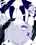  1girl absurdres arknights bare_shoulders black_dress blue_eyes blush breasts dress elbow_gloves eyepatch gloves hair_intakes hair_ornament hair_over_one_eye heterochromia highres large_breasts looking_at_viewer medical_eyepatch official_alternate_costume parted_lips purple_hair sleeveless sleeveless_dress solo two-tone_dress unworn_eyepatch whisperain_(arknights) white_gloves x_hair_ornament xen0moonz 
