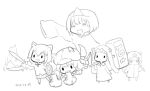  5girls :d =_= afterimage animal_ears animal_hat axe capriccio cat_ears cat_girl cat_tail chibi closed_eyes collared_dress collared_shirt commentary_request dated dog_ears dog_tail dress dual_wielding elden_ring elden_ring_nightreign fake_animal_ears fire flaming_weapon greyscale hair_between_eyes hair_ornament hairclip hat holding holding_axe holding_sword holding_weapon hood hood_up hooded_jacket jacket long_sleeves monochrome motion_lines multiple_girls newsboy_cap original pleated_skirt shirt simple_background skirt sleeves_past_fingers sleeves_past_wrists small_sweatdrop smile solid_oval_eyes speed_lines sweat sword tail triangular_headpiece weapon white_background wide_sleeves 