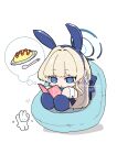  1girl absurdres animal_ears blonde_hair blue_archive blue_bow blue_eyes blue_halo book bow braid chibi crown_braid earrings fake_animal_ears food hair_bow halo highres jewelry koyuuuuuuuuuuu long_hair official_alternate_costume official_alternate_hairstyle omelet omurice parted_lips playboy_bunny rabbit_ears reading simple_background sitting speech_bubble spoon thought_bubble toki_(blue_archive) toki_(bunny)_(blue_archive) white_background wrist_cuffs 
