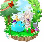  1girl =_= alchemist_(ragnarok_online) alternate_color blush boots bow bowtie brown_boots brown_cape bucket cape chibi chibi_only closed_eyes closed_mouth commentary_request dress fur_collar grey_hair holding holding_bucket long_hair meiko_(nattu303) mushroom open_mouth peco_peco purple_bow purple_bowtie ragnarok_online short_dress slime_(creature) smile solo strapless strapless_dress tree v-shaped_eyebrows water white_dress 