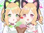  2girls :d absurdres alternate_costume alternate_hairstyle animal_ear_headphones animal_ears black_choker blonde_hair blue_archive blunt_bangs blurry blurry_foreground blush border bow cat_choker cat_ear_headphones cat_ears cat_hair_ornament choker collared_shirt commentary_request contrast_collar diagonal-striped_background drooling fake_animal_ears food green_bow green_eyes green_halo hair_bun hair_ornament halo hand_up headphones highres ice_cream looking_at_food low_ponytail midori_(blue_archive) momoi_(blue_archive) multiple_girls open_mouth outline outside_border overalls parted_bangs pink_bow pink_eyes pink_halo pink_ribbon polka_dot polka_dot_ribbon ponytail purple_border ribbon shirt short_hair short_ponytail siblings sidelocks sisters smile sparkle sparkling_aura strap_slip striped_background striped_bow takakuma_koiru teeth twins upper_body upper_teeth_only v-shaped_eyebrows white_background white_outline white_shirt wrist_ribbon 