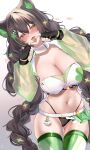  1girl absurdres acedia animal_ears ass_visible_through_thighs belt black_gloves black_hair black_panties blush braid breasts cat_ears checkered_clothes checkered_hair_ornament choker cleavage clover cowboy_shot crop_top drooling english_commentary fangs finger_to_tongue fingerless_gloves four-leaf_clover gloves green_eyes green_thighhighs hair_ornament hairclip hands_up highleg highleg_panties highres indie_virtual_youtuber kitsunya_(vtuber) large_breasts long_hair long_sleeves looking_at_viewer naughty_face navel no_pants nose_blush open_mouth panties puffy_long_sleeves puffy_sleeves race_queen second-party_source see-through_clothes see-through_sleeves shirt simple_background skindentation smile solo stomach string_panties symbol-shaped_pupils thighhighs tongue tongue_out twin_braids twintails underwear very_long_hair virtual_youtuber white_background white_choker white_shirt 