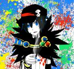  1boy argyle_clothes argyle_shirt black_hair black_hat blue_eyes blue_nails cigarette commentary_request fingernails fur_collar hair_between_eyes hat hat_ornament high_contrast holding holding_cigarette looking_at_viewer male_focus meiko_(nattu303) newsboy_cap open_mouth paint_splatter ragnarok_online shirt short_hair skull_hat_ornament solo sorcerer_(ragnarok_online) upper_body white_shirt 