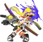  1girl 3d bare_arms bike_shorts blonde_hair boots braid eye_mask eyebrow_cut full_body gradient_hair grey_boots holding holding_weapon ink_tank_(splatoon) inkling inkling_girl inkling_player_character leaning_to_the_side long_hair looking_to_the_side multicolored_hair official_art paint_splatter paint_splatter_on_face shirt short_eyebrows short_hair_with_long_locks side_braid sidelocks smile solo splatoon_(series) splatoon_3 spotted_hair standing suction_cups t-shirt tentacle_hair thick_eyebrows transparent_background tri-stringer_(splatoon) two-tone_hair v-shaped_eyebrows veronika_(splatoon) weapon white_shirt yellow_eyes 
