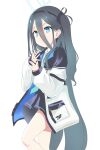  1girl absurdly_long_hair absurdres aqua_halo aqua_necktie aris_(blue_archive) black_hairband black_jacket black_skirt blue_archive blue_eyes blue_jacket bright_pupils collared_shirt commentary feet_out_of_frame fingernails furrowed_brow grey_hair hair_between_eyes hairband halo hands_up highres jacket knee_up long_bangs long_hair long_hair_between_eyes long_sleeves looking_ahead miniskirt multicolored_jacket necktie one_side_up open_clothes open_jacket parted_lips pleated_skirt pocket puffy_long_sleeves puffy_sleeves rectangular_halo ringed_eyes school_uniform shirt simple_background skirt solo standing tkdwls0278 two-sided_fabric two-sided_jacket very_long_hair white_background white_jacket white_pupils white_shirt 