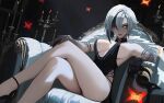  1girl alternate_costume arlecchino_(genshin_impact) armpits bare_shoulders black_dress black_hair breasts bug candle candlestand cleavage commentary cross cross_earrings crossed_legs dress earrings english_commentary genshin_impact glowing glowing_eyes high_heels highres jewelry large_breasts moth multicolored_hair neo_(neorarty3) red_eyes short_hair sideburns solo symbol-shaped_pupils two-tone_hair white_hair x-shaped_pupils 