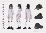  1girl arm_at_side baseball_cap black_hair black_hat black_shoes blunt_bangs character_name colored_inner_hair concept_art cream_(zutomayo) demon_horns from_behind from_side hand_in_pocket hat highres hood hood_down hoodie horns kneehighs light_smile medium_hair miniskirt multicolored_hair multiple_views myon_(tokipi) nira-chan nira-chan_(zanki)_(zutomayo) official_art production_art purple_hair red_eyes reference_sheet second-party_source shoes skirt smile socks song_name standing streaked_hair white_background white_hoodie white_horns white_skirt white_socks zanki_(zutomayo) zutto_mayonaka_de_ii_no_ni 