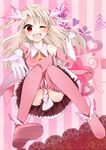  bad_id bad_pixiv_id elbow_gloves fate/kaleid_liner_prisma_illya fate_(series) feathers gloves hair_feathers illyasviel_von_einzbern long_hair lonico magical_girl one_eye_closed prisma_illya red_eyes solo thighhighs two_side_up white_hair 