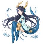  bad_id bad_pixiv_id black_hair blue_eyes blue_footwear boots chinese_clothes dragon_tail gloves head_fins horns karin_(p&amp;d) long_hair puzzle_&amp;_dragons shiao solo tail thighhighs water 