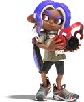  1boy 3d bike_shorts blue_hair dark_skin full_body gradient_hair guayabera headphones hirooooo_(splatoon) holding holding_headphones ink_tank_(splatoon) inkling looking_to_the_side medium_hair multicolored_hair octoling_boy octoling_player_character official_art open_mouth orange_eyes raised_eyebrow shoes short_sleeves sidelocks sneakers solo splatoon_(series) splatoon_3 spotted_hair standing suction_cups tentacle_hair thick_eyebrows transparent_background two-tone_hair v-shaped_eyebrows 