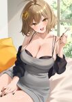 1girl absurdres ahoge alternate_costume anis_(nikke) bare_shoulders black_bra black_jacket black_nails blush bra breasts cat_hair_ornament cleavage collarbone commentary_request dongtan_dress dress ear_cleaning fingernails goddess_of_victory:_nikke grey_dress hair_between_eyes hair_intakes hair_ornament hand_up head_tilt highres indoors jacket large_breasts looking_at_viewer mimikaki nail_polish nigi_(ngmnoym) off_shoulder open_clothes open_jacket open_mouth shiny_skin short_hair skindentation smile solo spaghetti_strap thighs underwear 