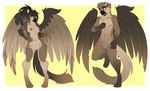  4_toes 5_fingers aimi anthro avian beak breasts brown_feathers eyebrows feathers female gryphon hair long_hair looking_at_viewer male nipples open_mouth plain_background standing toes tongue wings yellow_background yellow_eyes 