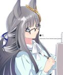  1girl animal_ears bespectacled blue_eyes blunt_bangs blush breasts casual chrono_genesis_(umamusume) commentary_request english_text glasses grey_hair hair_between_eyes hair_ornament holding holding_newspaper horse_ears long_hair looking_at_viewer newspaper pen small_breasts solo umamusume white_background yangmal_(uma_red_sheep) 