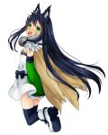  1girl alchemist_(ragnarok_online) alternate_color animal_ears black_hair black_thighhighs blush boots brown_cape cape cat_ears cat_girl commentary_request detached_sleeves dress flat_chest full_body fur_collar green_eyes green_sleeves jumping long_hair looking_at_viewer looking_back meiko_(nattu303) open_mouth ragnarok_online short_dress simple_background smile solo strapless strapless_dress thighhighs very_long_hair white_background white_boots white_dress 