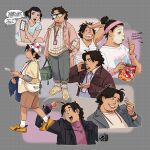  1boy 1girl arm_up artist_logo bag beard_stubble beauty_mask black_hair black_jacket bobby_(kpop_demon_hunters) bucket_hat cellphone chips_(food) closed_mouth coat eating english_commentary english_text facial_hair finger_heart food grey_coat grey_pants hair_tie hand_in_pocket hand_on_own_head hat headband heart holding holding_bag holding_food holding_jacket holding_paper holding_phone holding_unworn_clothes jacket jam_etc_art kpop_demon_hunters logo looking_to_the_side multiple_views open_clothes open_mouth open_shirt pants paper phone pink_shirt ponytail shirt smile speech_bubble stubble sunglasses sweatdrop talking_on_phone unworn_jacket zoey_(kpop_demon_hunters) 
