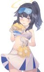  1girl animal_ears black_hair blue_archive blush breasts cheerleader cowboy_shot dog_ears dog_girl dog_tail eyewear_on_head goggles goggles_on_head halo hibiki_(blue_archive) hibiki_(cheer_squad)_(blue_archive) highres holding holding_pom_poms jun_daniell long_hair looking_at_viewer midriff millennium_cheerleader_outfit_(blue_archive) navel parted_lips pom_pom_(cheerleading) ponytail simple_background skirt solo tail white_background white_skirt yellow_halo 