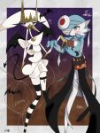  bandaged_arm bandaged_head bandages black_dress blue_hair blue_skin bob_cut colored_skin demon_tail dress gardevoir halloween halloween_costume highres inb795 multicolored_skin orange_eyes pheromosa pokemon pokemon_(creature) pumpkaboo purple_eyes stuffed_toy tail two-tone_skin white_skin 