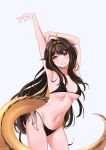  1girl arm_behind_head armpits arms_up bikini black_bikini blonde_hair breasts brown_eyes brown_hair chromashift colored_inner_hair contrapposto cowboy_shot double-parted_bangs eel_girl eel_tail grin highres juna_unagi large_breasts light_blush lightning_ahoge multicolored_hair navel side-tie_bikini_bottom sidelocks simple_background smile soghoth solo stomach streaked_hair swimsuit virtual_youtuber white_background 