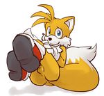  blue_eyes butt canine emerald-physics fox gloves looking_at_viewer male mammal miles_prower presenting sega shoes shy smile solo sonic_(series) young 