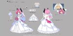  2girls blush bouquet bridal_veil bride character_request commentary_request concept_art disgaea disgaea_rpg dress flat_chest full_body harada_takehito horns multiple_girls multiple_views official_art pink_eyes pink_hair raspberyl short_hair translation_request veil wedding_dress 