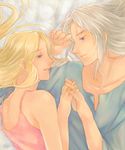  1girl bare_shoulders blonde_hair blue_eyes cecil_harvey couple final_fantasy final_fantasy_iv hetero holding_hands jewelry long_hair looking_at_another lying ring rosa_farrell rurikarakusa silver_hair smile tank_top 