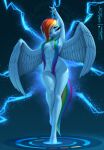abs absurd_res anthro arms_above_head artist_logo artist_name blue_body blue_feathers blue_fur breasts chest_tuft clearvision convenient_censorship cutie_mark detailed_background electricity equid equine eyebrows eyelashes feathered_wings feathers female friendship_is_magic fur hair hair_covering_breasts hair_covering_crotch hair_covering_nipples half-closed_eyes hand_behind_head hands_above_head hasbro hi_res hooves horse lightning logo mammal mouth_closed multicolored_hair multicolored_tail my_little_pony mythological_creature mythological_equine mythology narrowed_eyes navel nude nude_anthro nude_female pegasus pink_eyes pony rainbow_dash_(mlp) rainbow_hair rainbow_tail signature small_breasts smile smiling_at_viewer solo spread_wings tail text tuft wings