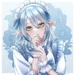  1boy aegyo_sal apron blue_apron blue_background blue_bow blue_flower blue_hair blue_nails blue_theme border bow commentary_request covering_own_mouth crossdressing crossdressing_(mtf) dress earrings elezen elf final_fantasy final_fantasy_xiv flower flower_earrings frilled_apron frilled_dress frilled_wrist_cuffs frills grey_eyes head_tilt highres jewelry kuro11_222 long_hair looking_at_viewer maid_headdress male_focus pointy_ears rose solo trap upper_body warrior_of_light_(ff14) white_border white_dress wrist_cuffs 