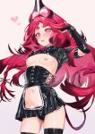  1girl alternate_costume arknights bikini black_bikini black_corset black_gloves black_skirt black_thighhighs breasts cleavage clothing_cutout commentary corset cropped_legs elbow_gloves gloves highres horns latex long_hair looking_at_viewer navel_cutout nipples nymph_(arknights) open_mouth paid_reward_available pink_background pink_eyes pink_hair simple_background skirt small_breasts smile solo standing swimsuit symbol-only_commentary teeth thighhighs upper_teeth_only yakurope-moko 