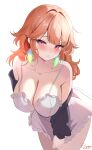  1girl absurdres alternate_costume blush breasts cleavage earrings feather_earrings feathers highres hololive hololive_english isari_sensei jewelry large_breasts long_hair looking_at_viewer orange_hair purple_eyes simple_background solo takanashi_kiara virtual_youtuber white_background 
