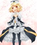  1girl arch_bishop_(ragnarok_online) black_dress black_pantyhose blonde_hair blush breasts cherry_blossoms cleavage_cutout clothing_cutout commentary_request dress feet_out_of_frame frilled_dress frilled_sleeves frills hat juliet_sleeves long_sleeves looking_at_viewer meiko_(nattu303) nurse_cap open_mouth pantyhose pink_background pointy_ears puffy_sleeves ragnarok_online red_eyes sash short_hair small_breasts smile solo standing two-tone_dress white_dress white_hat yellow_sash 
