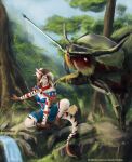 ambiguous_feral ambiguous_gender anthro arthropod bared_teeth beady_eyes blue_eyes blue_sky brown_hair brown_markings clothed clothing duo equid equine exoskeleton female female_anthro feral fur green_body green_exoskeleton hair hi_res mammal markings plant satanic_monkey sky striped_markings striped_tail stripes tail tail_markings tree white_body white_fur white_hair zebra