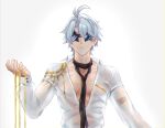  1boy absurdres ahoge akaika_(aka) cosplay highres hino_satoshi honkai:_star_rail honkai_(series) honkai_impact_3rd kevin_kaslana kevin_kaslana_(cosplay) large_pectorals liquid_gold male_focus official_alternate_costume open_clothes open_shirt pectorals phainon_(honkai:_star_rail) shirt short_hair simple_background solo star-shaped_eyewear star_(symbol) upper_body white_background white_hair white_shirt 