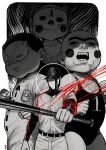  1boy 3others absurdres add-on_(off) arrow_print bald bare_shoulders baseball_bat baseball_cap baseball_uniform belt belt_buckle black_belt black_eyes black_hair black_hat blood blood_on_face blush_stickers border buckle chest_hair clenched_hands closed_mouth collarbone colored_skin cowboy_shot eye_mask faceless faceless_male fighting_stance foreshortening greyscale halo halo_behind_head hat highres holding holding_baseball_bat jumpsuit long_sleeves luchador_mask mask metal_baseball_bat monochrome multiple_others number_print off_(game) open_mouth outside_border outstretched_arm pants secretary_(off) shirt short_hair signature skull_mask sportswear spot_color string string_of_fate tanblaque teeth the_batter_(off) unibrow very_short_hair white_border white_jumpsuit white_pants white_shirt white_skin 