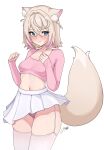  1girl @_@ absurdres animal_ear_fluff animal_ears blonde_hair blue_eyes blush breasts dog_ears dog_girl dog_tail garter_straps hair_between_eyes highres hololive hololive_english looking_to_the_side medium_hair midriff miniskirt mococo_abyssgard multicolored_hair panties pink_panties pink_shirt pynkmouth shirt skirt small_breasts solo stomach tail thighhighs thighs two-tone_hair underwear wavy_mouth white_background white_shirt 