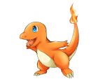  blue_eyes charmander commentary_request fire flame-tipped_tail full_body meiko_(nattu303) no_humans open_mouth pokemon pokemon_(creature) simple_background tail white_background 