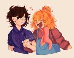  1boy 1girl :d bandaid bandaid_on_face blue_overalls blush brown_eyes brown_hair commissioner_insert hair_bun heart hetero highres holding_hands looking_at_another main_character_(our_life) messy_hair nobi33ka orange_hair our_life our_life:_now_and_forever overalls purple_shirt red_scarf red_sweater scarf shirt smile star_(symbol) star_print sweater tamarack_baumann upper_body 